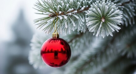Red christmas ornament hanging on a frosted pine tree branch in winter wonderland