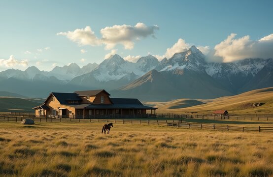 Sprawling ranch with wooden house and horse in field. Snow capped mountains form scenic background under blue sky with clouds. Vast open terrain with fenced pastures.