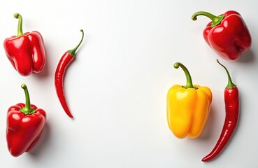 Top view of red bell pepper yellow bell pepper and chili peppers on white. Cooking ingredients assortment. Diet food healthy eating concept. Fresh peppers ready for culinary art design.