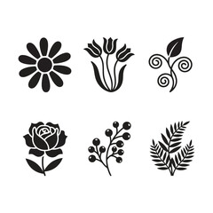 A collection of six black floral and botanical silhouette icons on a
