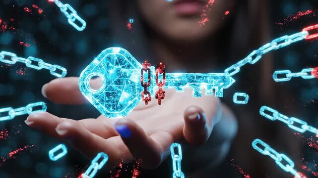 A hand extends to reveal a glowing key that sparkles with digital energy. Chains break apart as the key illuminates a dark background. The atmosphere feels both mystical and high-tech.
