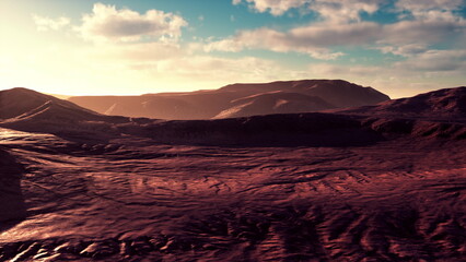 Golden light spills across the expansive desert terrain, highlighting the undulating hills and valleys. The scene captures a tranquil afternoon, evoking a sense of solitude and wonder.