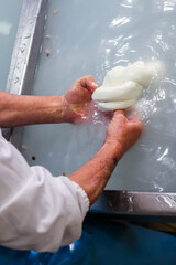 Operaio di un caseificio mentre prepara la mozzarella di bufala campana a mano 