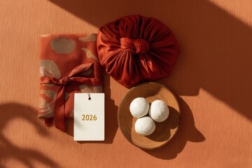 Minimal gift set with ribbon and ceramic candle on warm background