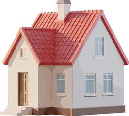 3d rendered model of small residential house with red roof, white walls, brown door, modern architecture, minimal home design concept
