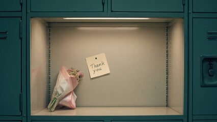Locker with thank you note and bouquet inside school setting