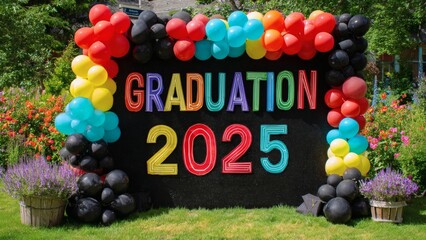 Graduation 2025 sign with colorful balloons in outdoor garden