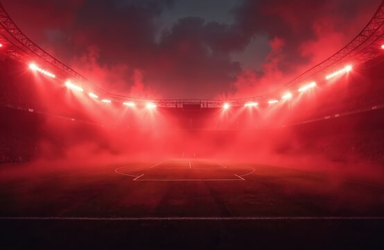 Soccer stadium with red smoke, lights on field. Football arena with fog, flare. Intense match at night with empty seats. Sports venue with pyrotechnic atmosphere. Dramatic scene with mist, haze on