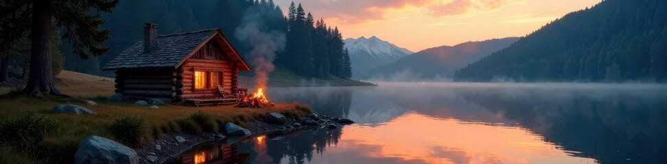Log cabin, still lake, campfire embers fading , quiet, embers, twilight
