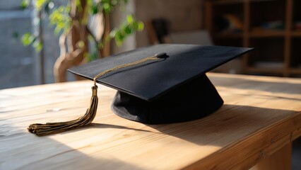 Graduation cap with golden tassel on wooden table in sunlight