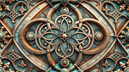 European Western Gothic Trefoil Rosette Pattern, Bronze and Turquoise Medieval Cathedral Tracery, Ornate Carved Relief Background for Luxury Design and Architecture