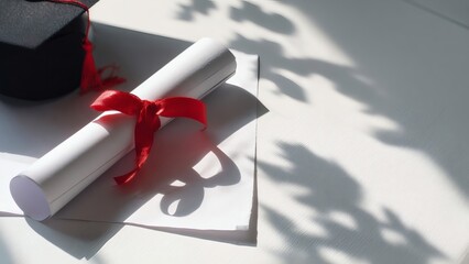 Graduation cap and diploma with ribbon in soft shadow light