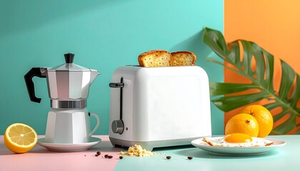Breakfast still life featuring a coffee maker, a toaster with toasted bread, eggs, lemons, and a tropical leaf