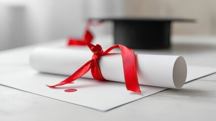 Diploma with red ribbon and graduation cap on white surface