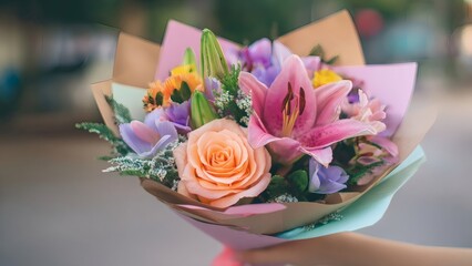 Hand holding bouquet of colorful flowers with soft background