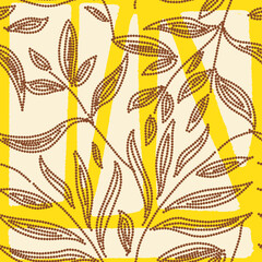 Modern floral contemporary seamless pattern. Japandi Scandinavian style blooming leaves and geometric shapes rich vivid color yellow rust, warm palette. Maximalist coastal boho design