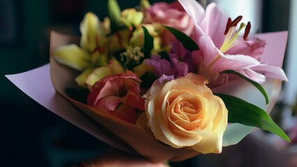 Colorful bouquet of fresh flowers in soft indoor lighting