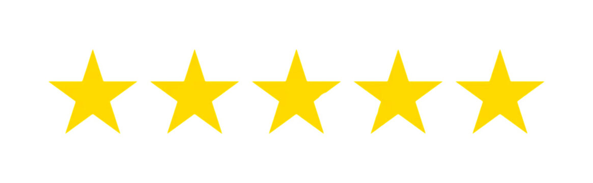 Full Five Yellow Stars Rating on a Transparent Backdrop for Excellent Customer Feedback