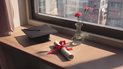 Graduation cap and diploma with vase on sunny window ledge