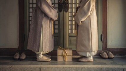 Traditional garments and shoes neatly arranged by doorway
