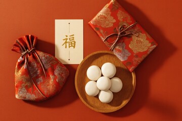 Traditional red gift set with sweets and pouch on festive background