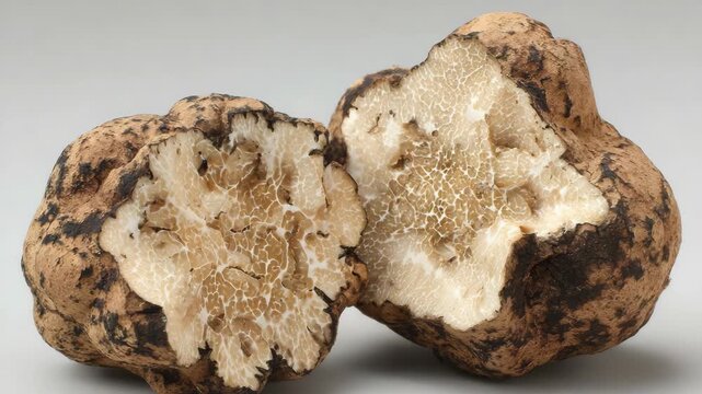 Freshly cut white truffle mushroom, showing the intricate internal patterns