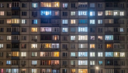Obraz premium An exterior night view of a large apartment building with illuminated windows, depicting various light levels and activities inside