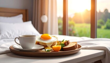 Breakfast tray featuring a fried egg, toast, and coffee cup placed on a bed next to an open window showcasing a green landscape