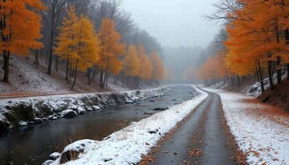 Snowy path follows a river through autumn woods. Golden trees line a winding trail beside frozen stream. Winter landscape offers serene beauty and quiet atmosphere.