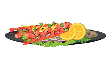 Realistic cooked fried shrimp with salad white background - Vector illustration