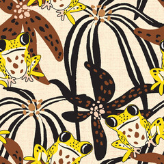 Exotic summer seamless pattern tropical rainforest frog vibrant colors yellow cream black. Rustic jungle leaves, giant wild flowers children textile, summer vibes, vacation fabric, timeless design