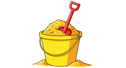 Cartoon bucket filled with sand and a red shovel for summer fun