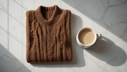 folded wool sweater with steaming coffee mug beside it, cozy winter morning mood,
