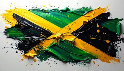 Bold, artistic representation of a flag with a distinctive diagonal cross. Paint strokes and splatters in vibrant colors, creating an abstract effect. Textured, dynamic composition