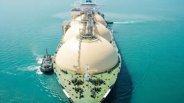 Aerial view of a large lng carrier ship sailing on the turquoise sea
