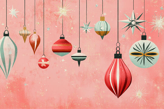 Retro hanging Christmas baubles and stars in gold, red, and mint tones against a textured pink background.