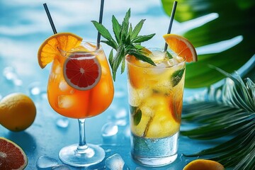 vibrant and exotic summer drinks cocktails are epitome of relaxation and fun- evoking carefree spirit of youth and excitement of summer vacation from a wide-angle view on a sunny summer day-