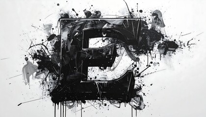 Bold black letter "E" amidst an explosion of splattered, dripped paint. Abstract art with chaotic, dynamic elements against white