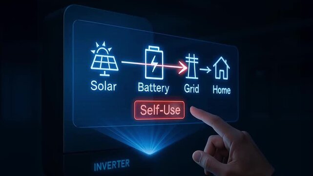 Solar battery grid home self use energy inverter touchscreen interface displaying solar panel battery power lines house icons with finger pressing virtual button for renewable energy control