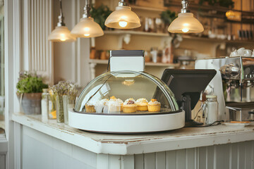 Delightful pastries displayed in cozy coffee shop counter, inviting customers to indulge