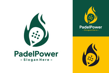 Racket with fire logo design template. Concept of enthusiasm and support in playing padel. Isolated vector icon on a white background.