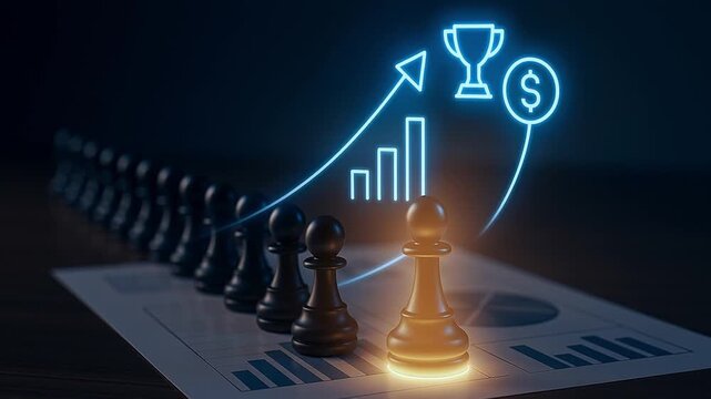 Golden pawn illuminated on financial chart with rising graph arrow and dollar icons highlighting strategy finance growth profit success leadership glowing trophy glossy chess piece
