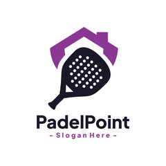 Racket with pin mark logo design template. Padel sport event location pointer. Isolated vector icon on white background.