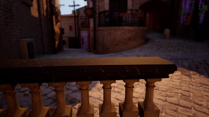 A charming old town street scene captures the essence of history. Cobblestone paths wind through buildings adorned with intricate details, evoking a sense of nostalgia and peacefulness during dusk.