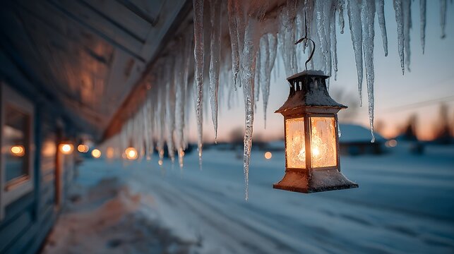 Row of long, sharp icicles hangs from a roof, with a vintage glowing lantern casting a warm light. A picturesque snowy winter scene is in the background.
