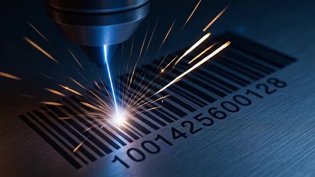 Laser engraving machine marking metal barcode with sparks and blue light industrial closeup showing precision engraving serial number brushed metal surface and etches barcode metal plate with bright