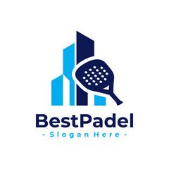 Luxury padel sport logo design template with urban view. Modern play padel. Isolated vector icon on white background.