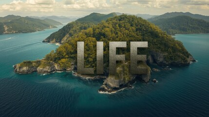 Aerial View of Tropical Island with 'LIFE' Text Overlay