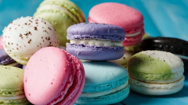Colorful macarons on a blue wooden surface, close-up shot