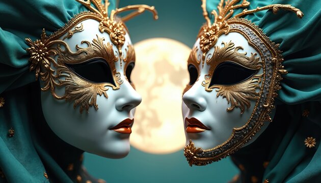 Elegant face masks adorn model with golden decor. Moon glows behind. Ornate masquerade masks evoke venetian festivity mood. Fashion and art meet in this artistic composition. Party invitation event.